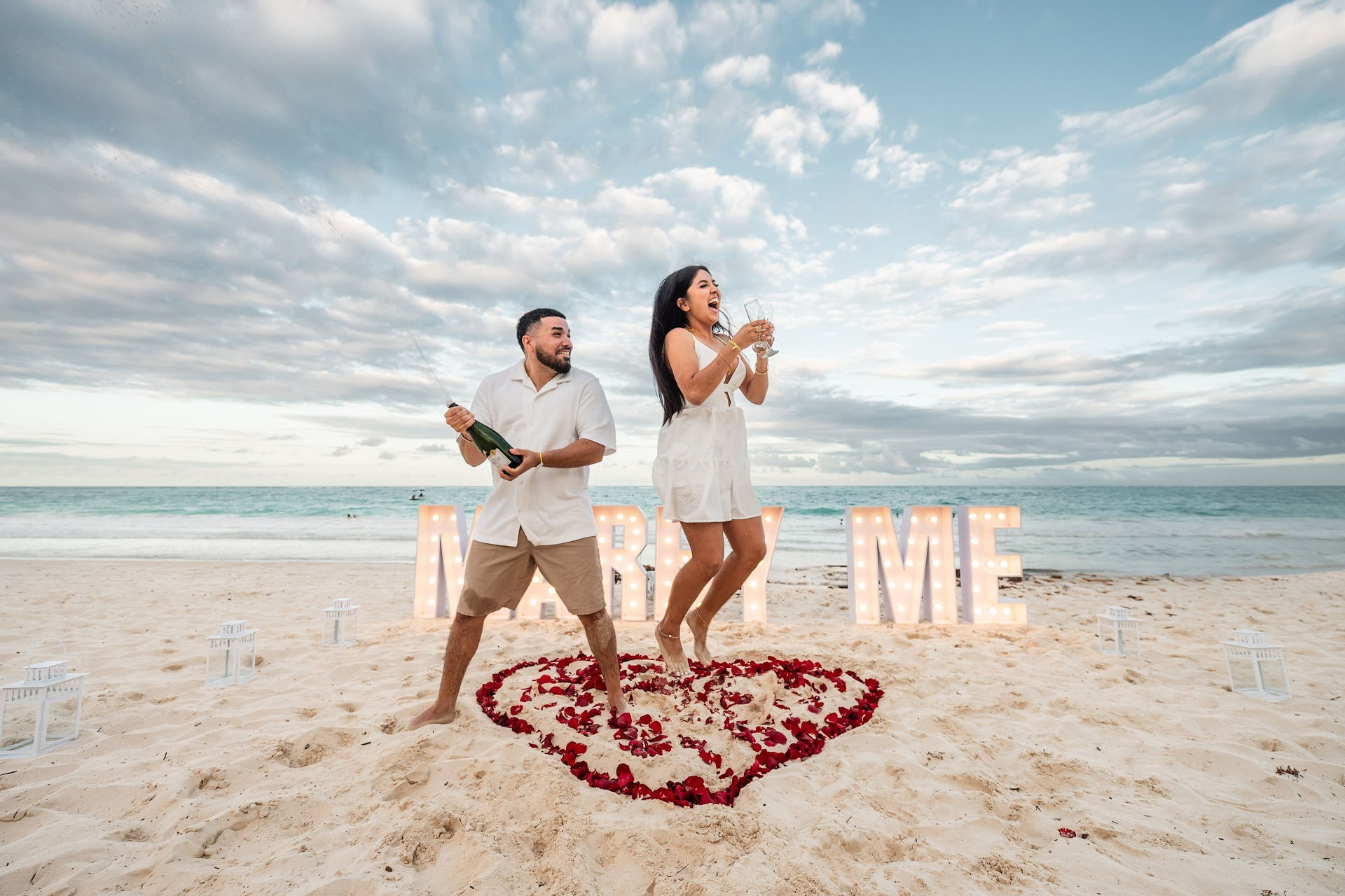 “Marry Me” Letters Proposal in Punta Cana — Classic Beach Setup