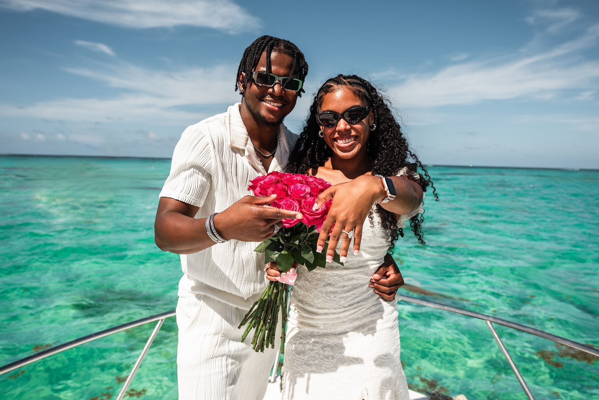 Luxury yacht proposal in Punta Cana with couple on private boat at sea