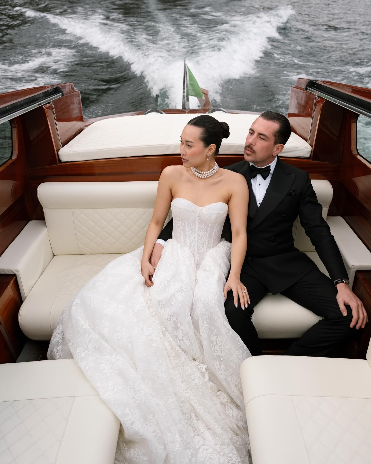 Luxury bride on a boat at Lake Como, Italy – destination wedding editorial inspiration