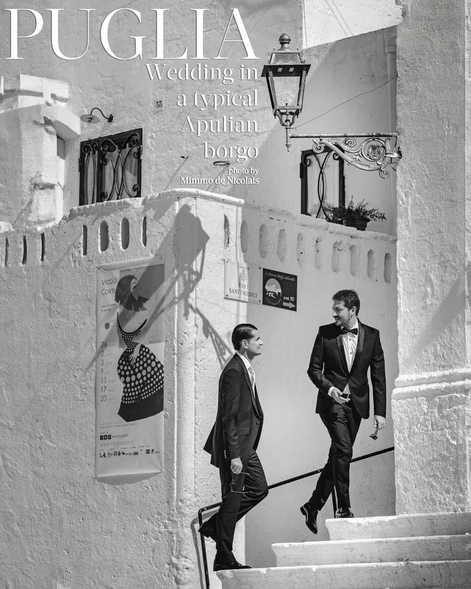 Italy destination wedding photographer Puglia Mimmo De Nicolais: Groom and his brother in a picturesque Apulian borgo. Venue at Castello Marchione, Puglia.