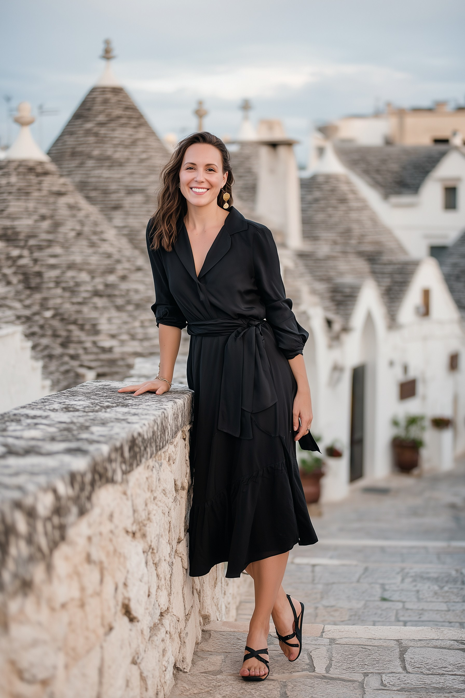 Fashion-style solo photoshoot in Alberobello: a smiling woman in a black dress poses on a stone street among traditional trulli houses.