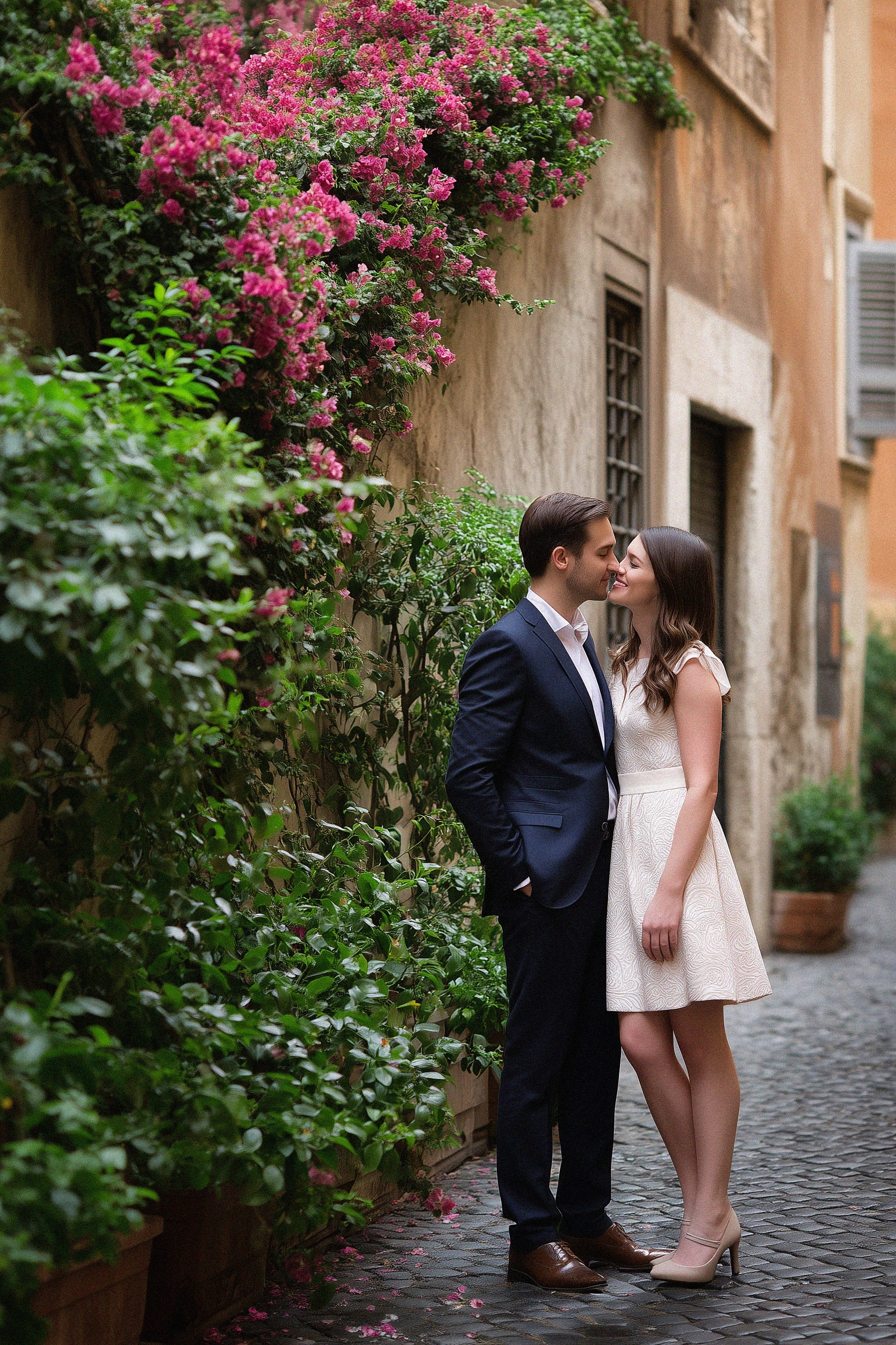 A couple shares a romantic moment in a narrow Roman alleyway, standing beneath blooming bougainvillea.