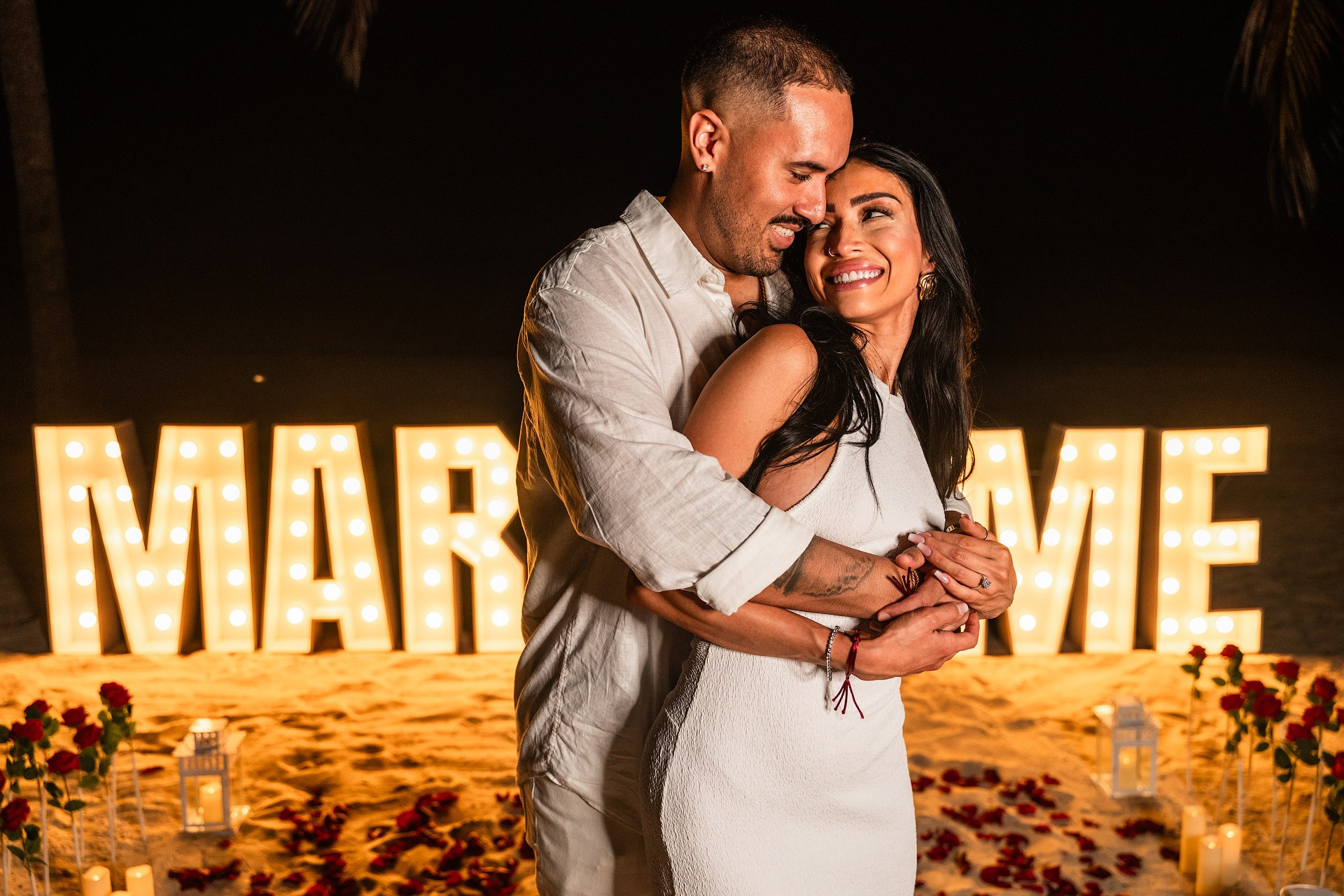 Romantic Rose & Rose Petal Path with “Marry Me” Letters Beach Proposal