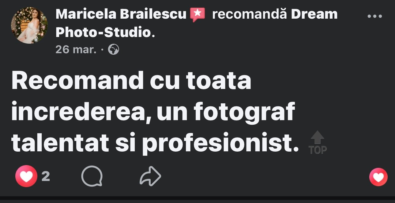 Recenzii Facebook. Dream Studio Galați – ședințe foto profesionale pentru familie, portrete și evenimente