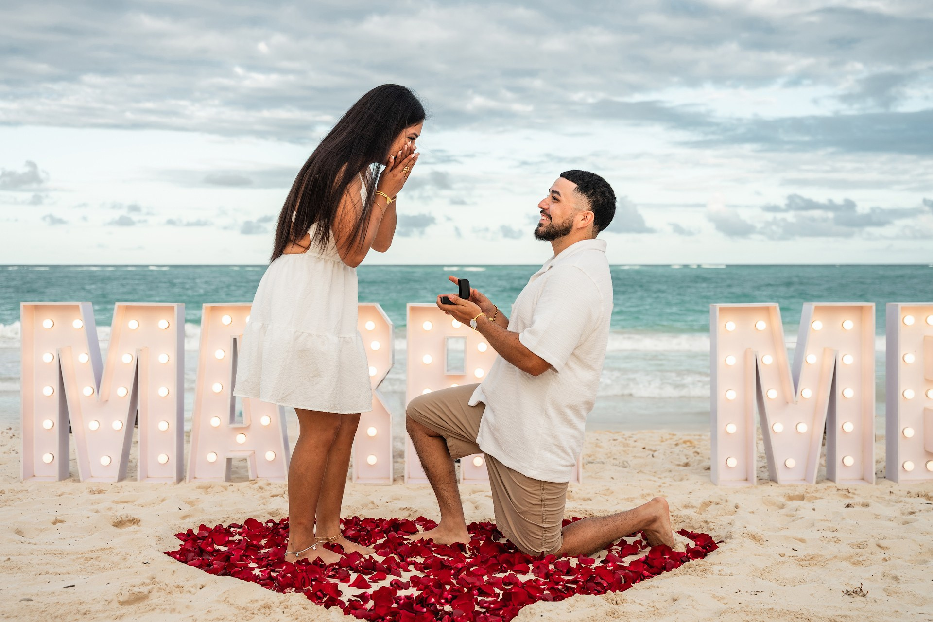 “Marry Me” Letters Proposal in Punta Cana — Classic Beach Setup