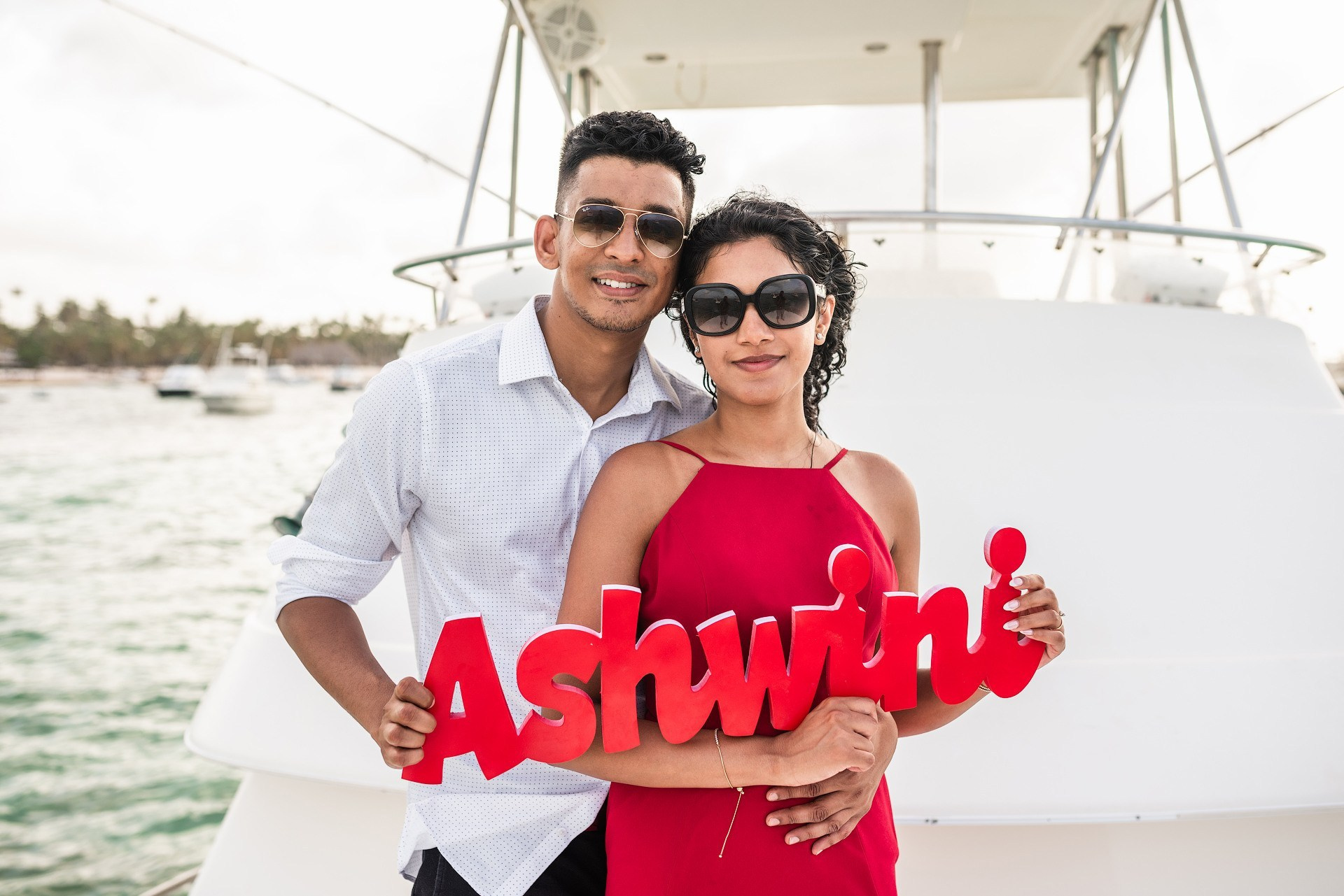 Luxury yacht proposal setup with flowers champagne and romantic decor in Punta Cana