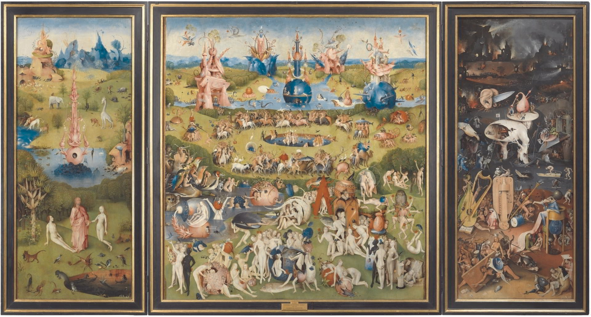 Иероним Босх, Сад земных наслаждений, центральная панель триптиха, 1490–1510: фантастический рай с гигантскими птицами, обнажёнными людьми и сюрреалистическими сооружениями