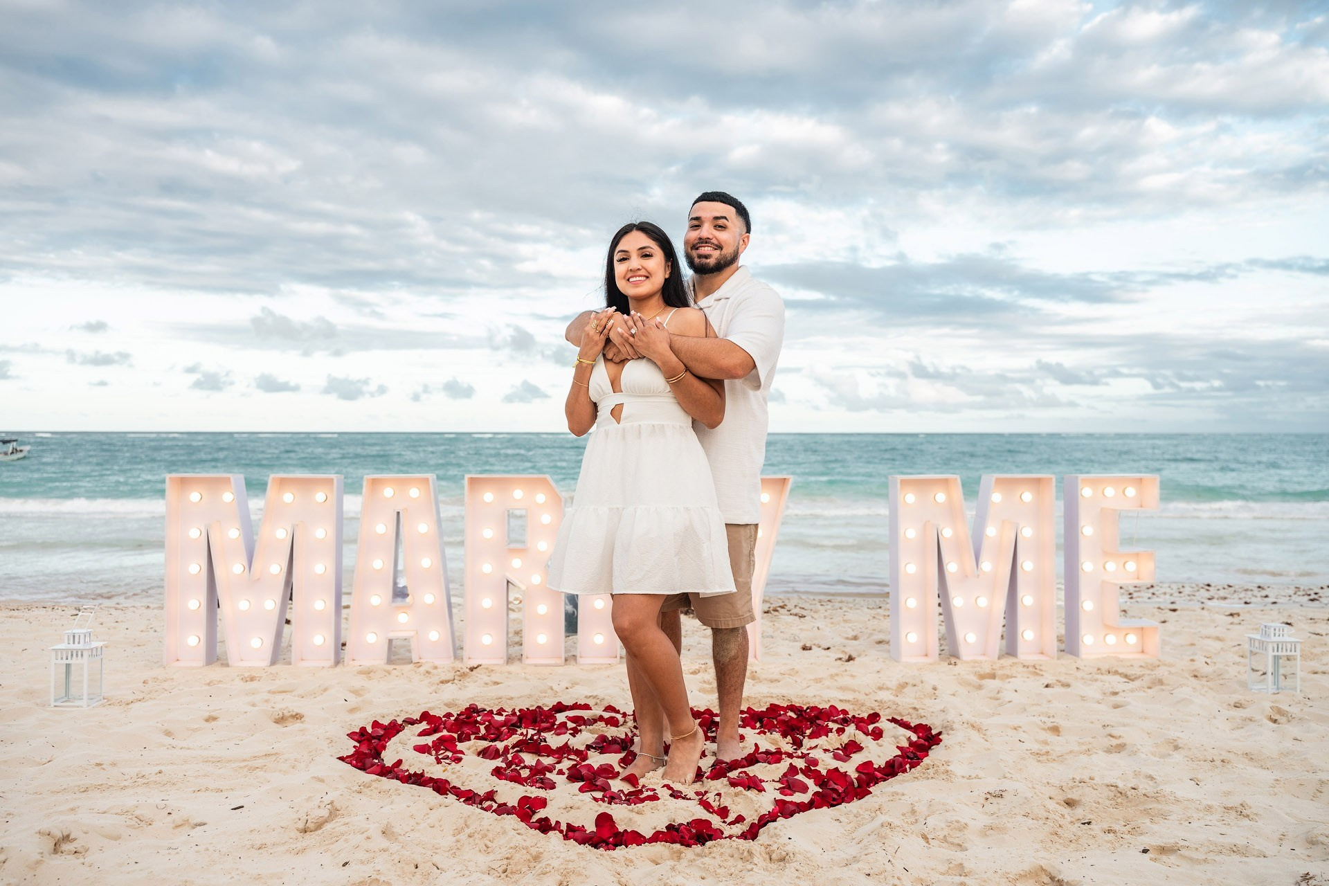 “Marry Me” Letters Proposal in Punta Cana — Classic Beach Setup